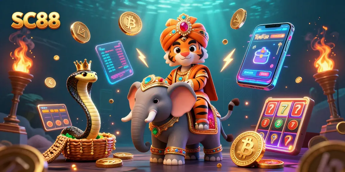SC88 reveals a vibrant casino realm with 3D maharaja tiger, elephant, and crypto elements.