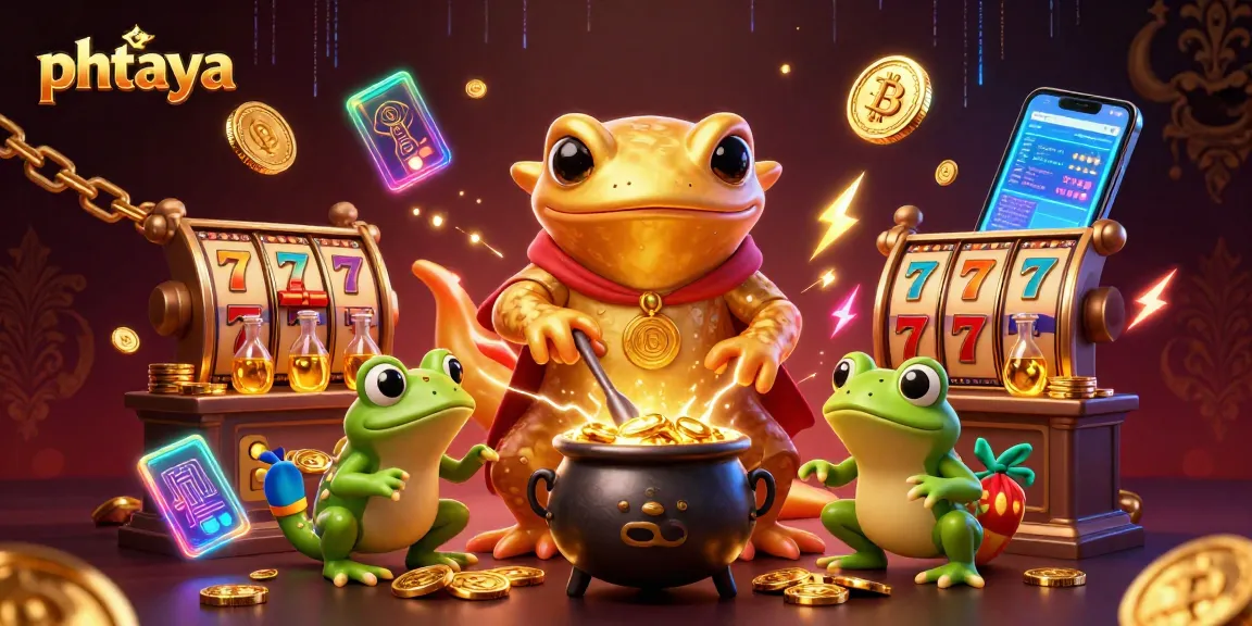 PHTAYA showcases a unique casino scene with vibrant slot reels, gold coins, and dynamic 3D characters.