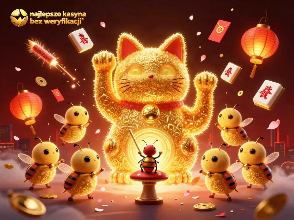 Experience the magic of najlepsze kasyna bez weryfikacji with a giant lucky cat amidst vibrant casino symbols.