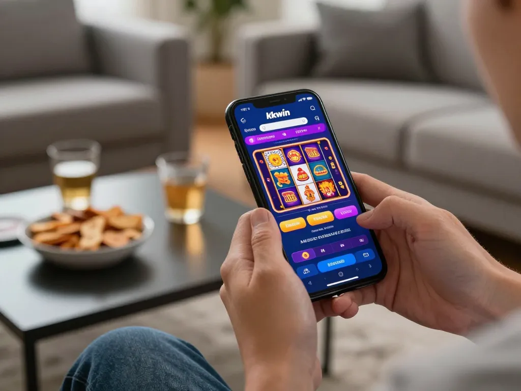 Kkwin player engaging with mobile casino app showcasing vibrant slot games in cozy home setting.