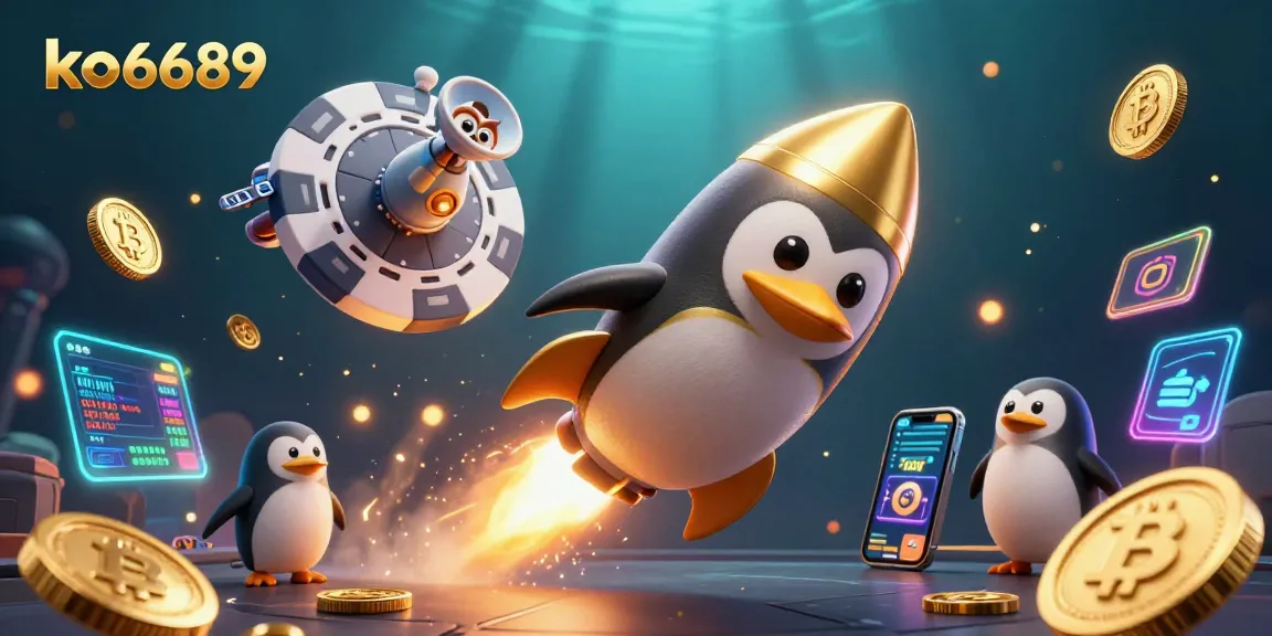 Engage in thrilling gaming adventures with ko6689 as a golden penguin blasts through a vibrant casino universe.