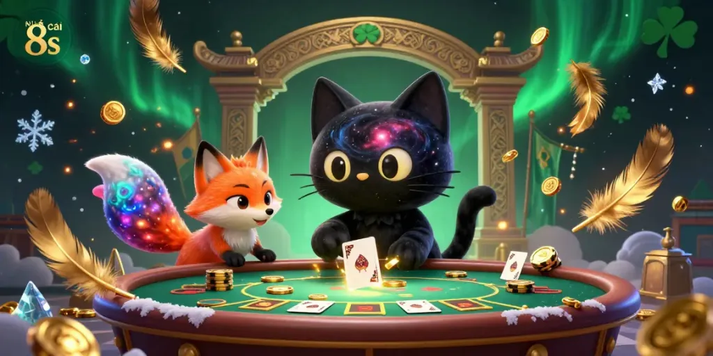 Witness the excitement at Nhà cái 8s casino featuring vibrant characters and dynamic casino elements, showcasing an interactive gaming experience.