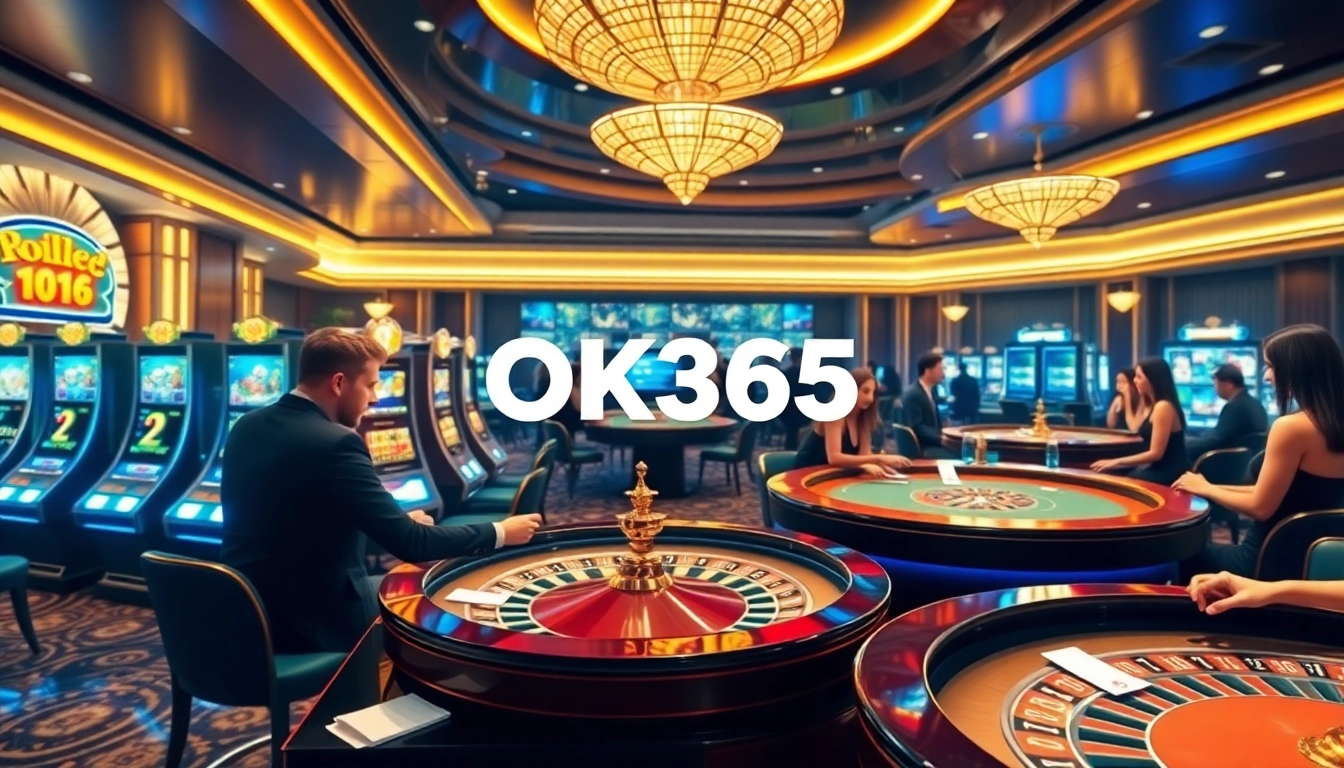 Players winning at OK365's modern casino games with vibrant slot machines and a roulette wheel.