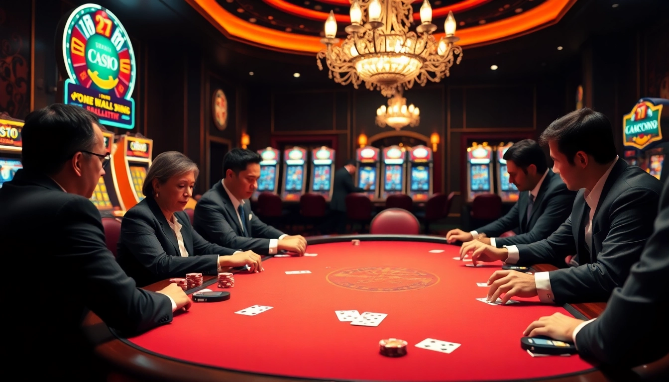 Engaged poker players strategizing at a table in a luxurious casino, inspired by https://c168seo.com/.