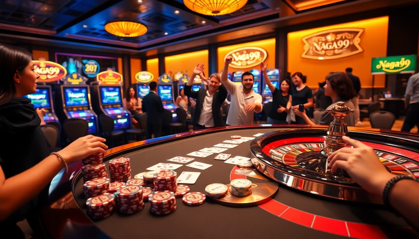 Naga99 players enjoy a winning moment at an upscale casino table with poker chips and cards.