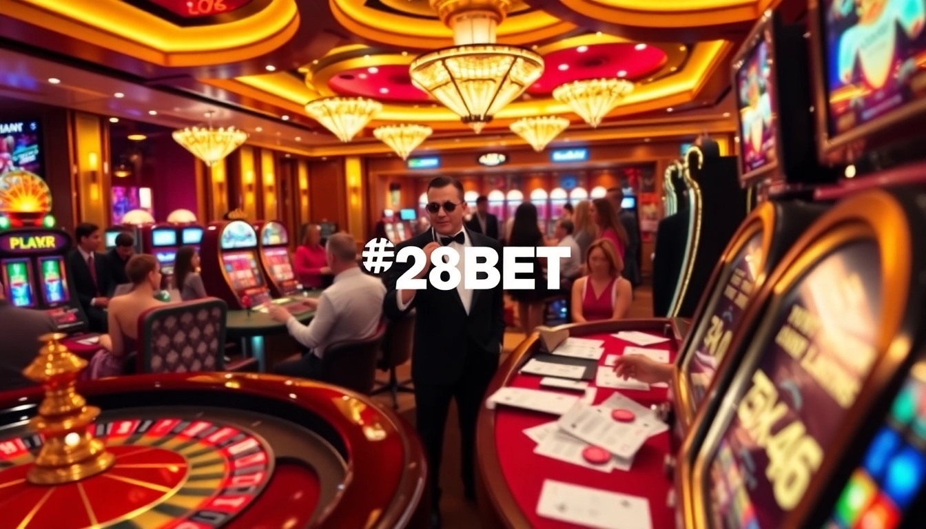 Experience thrilling gaming action with 28BET at a luxurious casino scene featuring roulette wheels and slot machines.