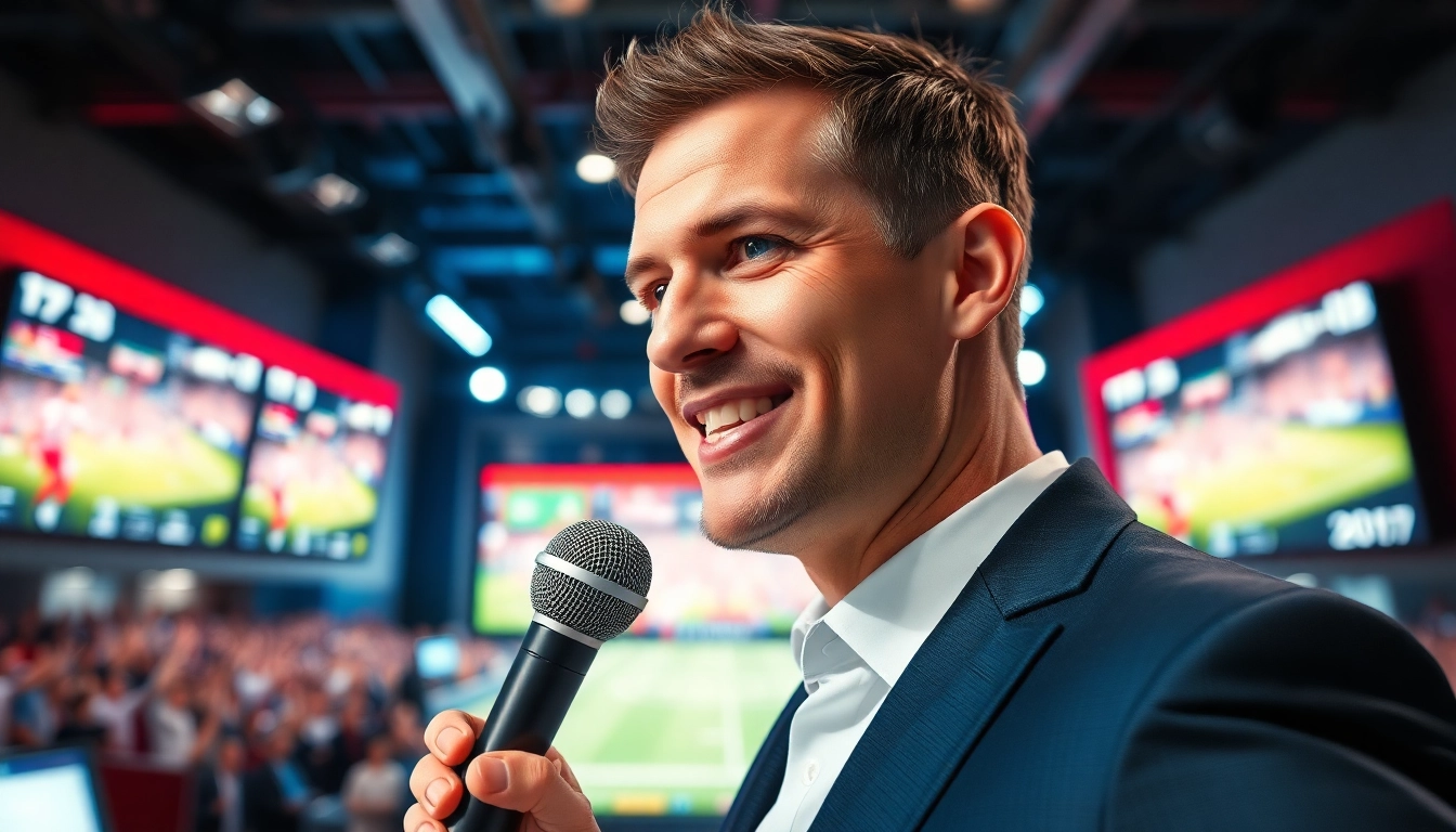 Engaging sports broadcasting studio capturing dynamic live events and a charismatic host.