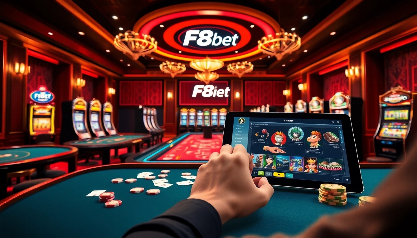 F8Bet players enjoying a luxurious online casino experience with vibrant tables and slot machines.