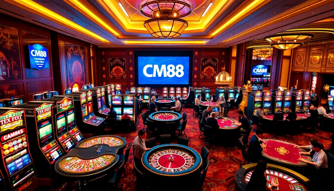 Experience the thrill of CM88 in a vibrant casino filled with poker tables and slot machines.