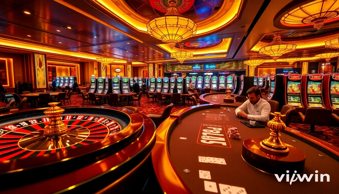 Experience vipwin excitement with vibrant casino tables, poker action, and glowing slot machines.