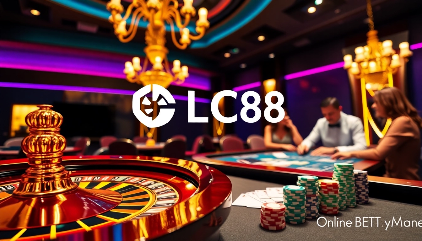 Experience the thrilling atmosphere of LC88 with vibrant gambling elements at the casino.