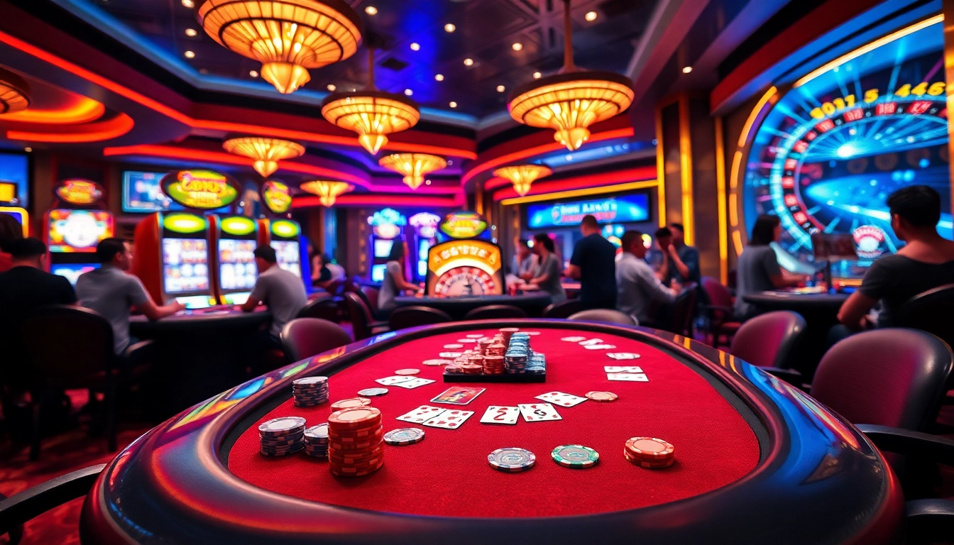 Engaging players at a go99 casino table while vibrant slot machines shine in the background.