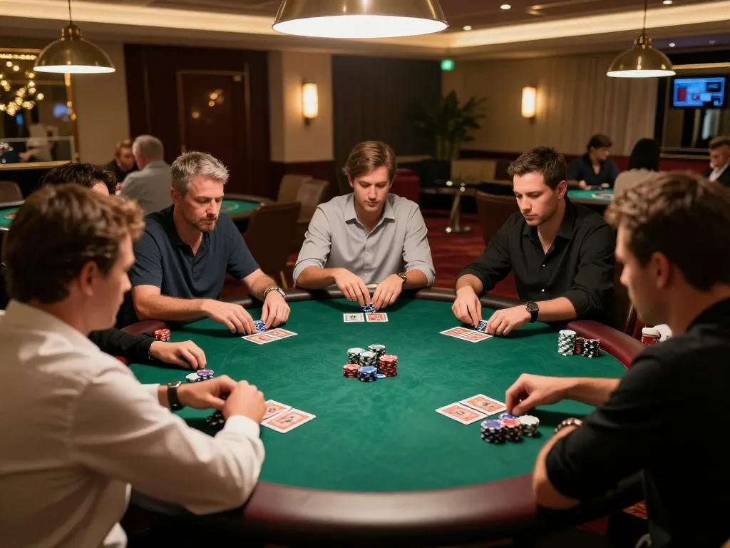 Strategic poker gameplay at 789f casino, showcasing intense player focus and elegant table setup