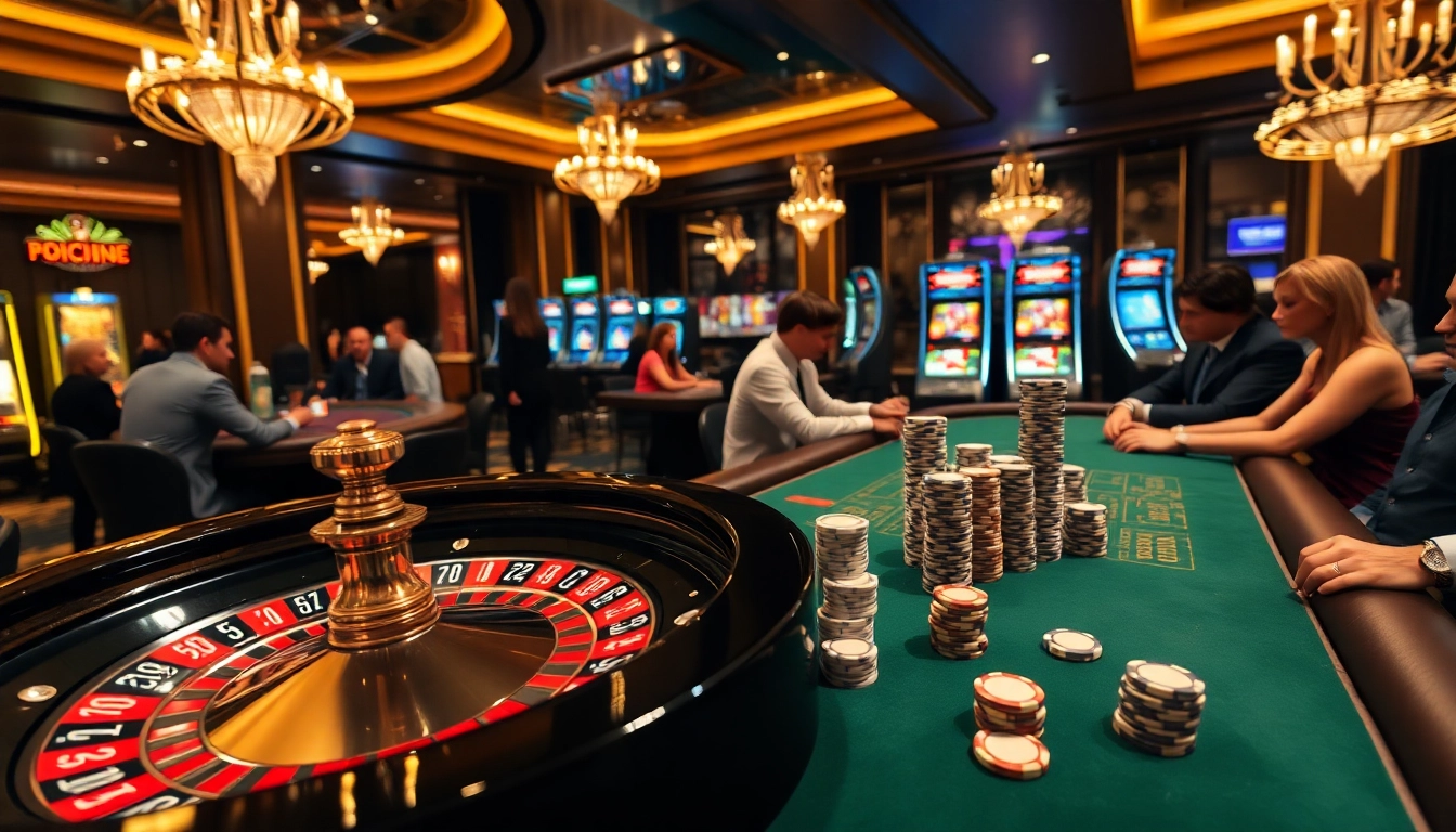 Experience the thrill at F168.COM with players enjoying high-stakes poker and roulette in a luxurious casino.