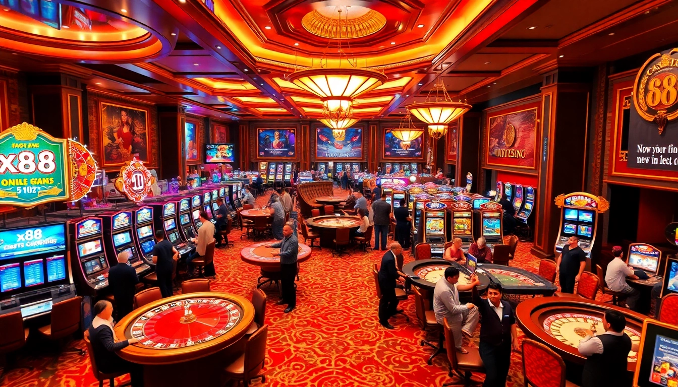 x88 gaming action with players at vibrant casino tables and slot machines.