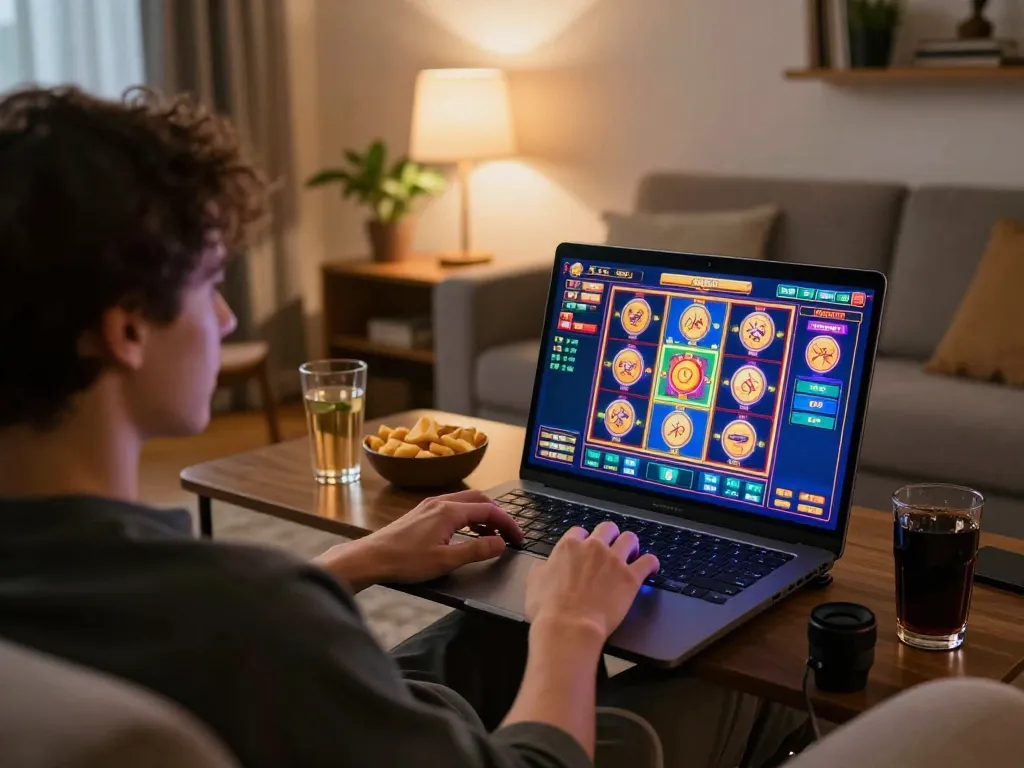 Engaging online gaming scene at home with kjc slot machine on a laptop.