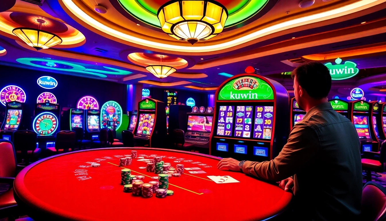 Kuwin gaming experience highlighting poker chips and a lively slot machine.