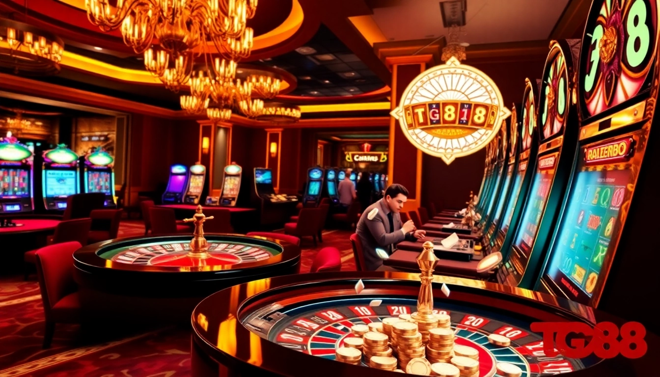Excited gambler wins at a slot machine in a luxurious TG88 casino environment.