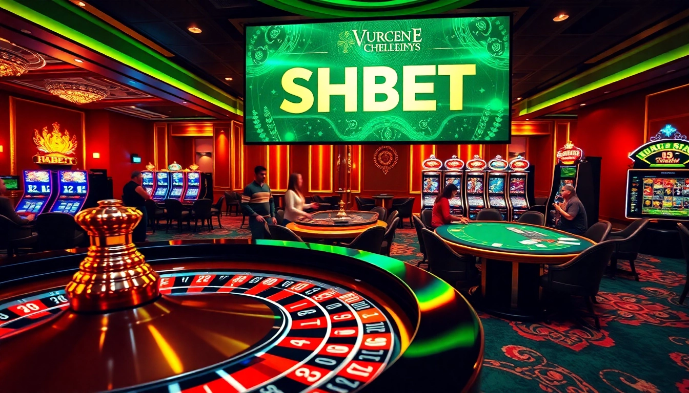 Experience the excitement of SHBET casino games with vibrant visuals of roulette, poker, and slot machines.