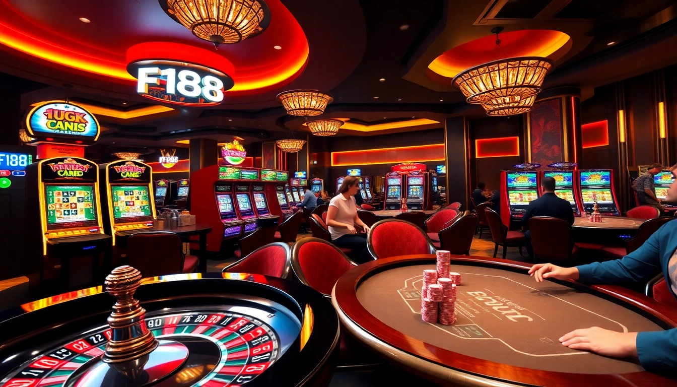 F168 casino scene showcasing poker tables and vibrant slot machines in an elegant atmosphere.
