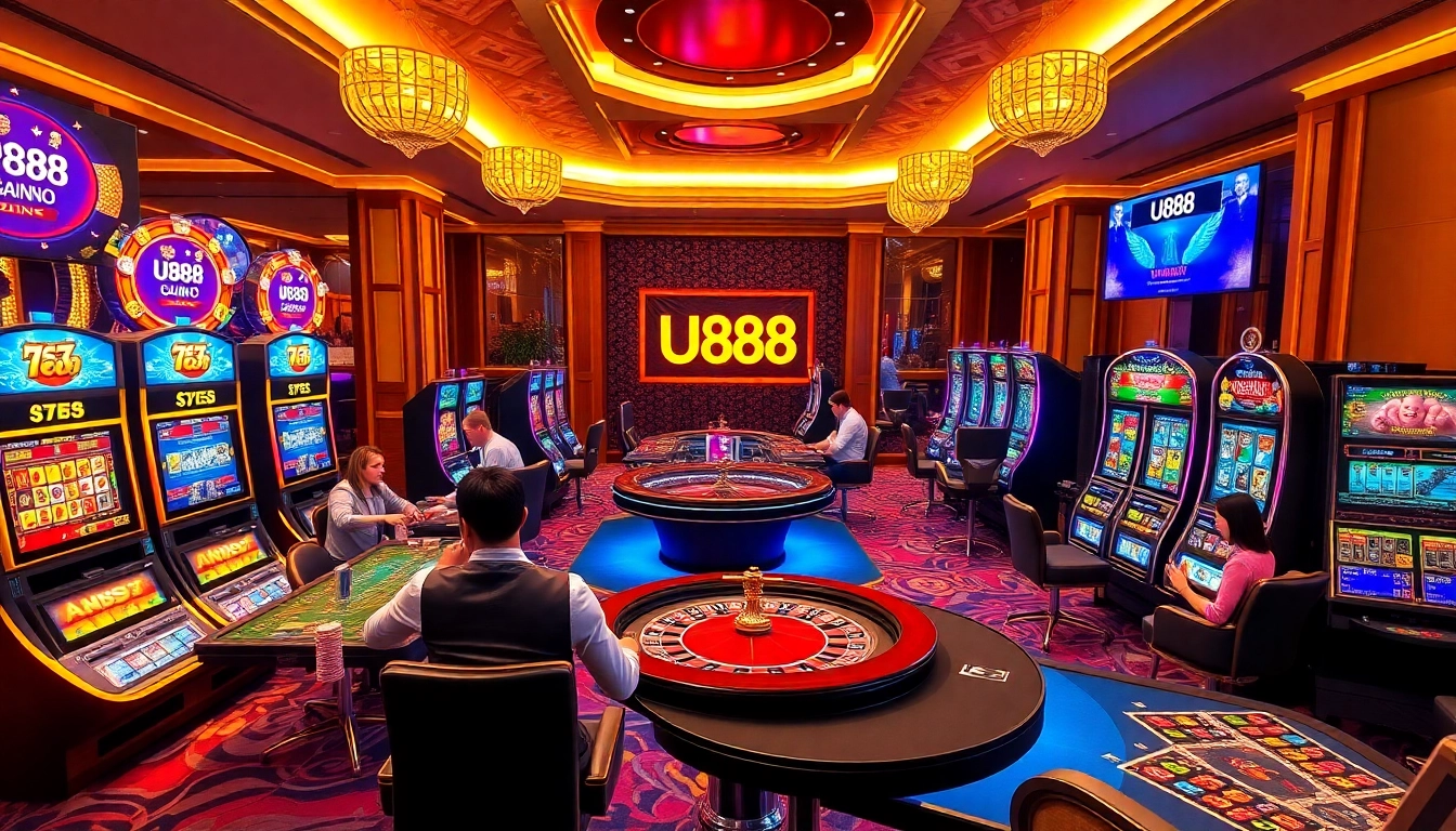 U888 casino players engaging in exciting games with vibrant slot machines and poker tables.