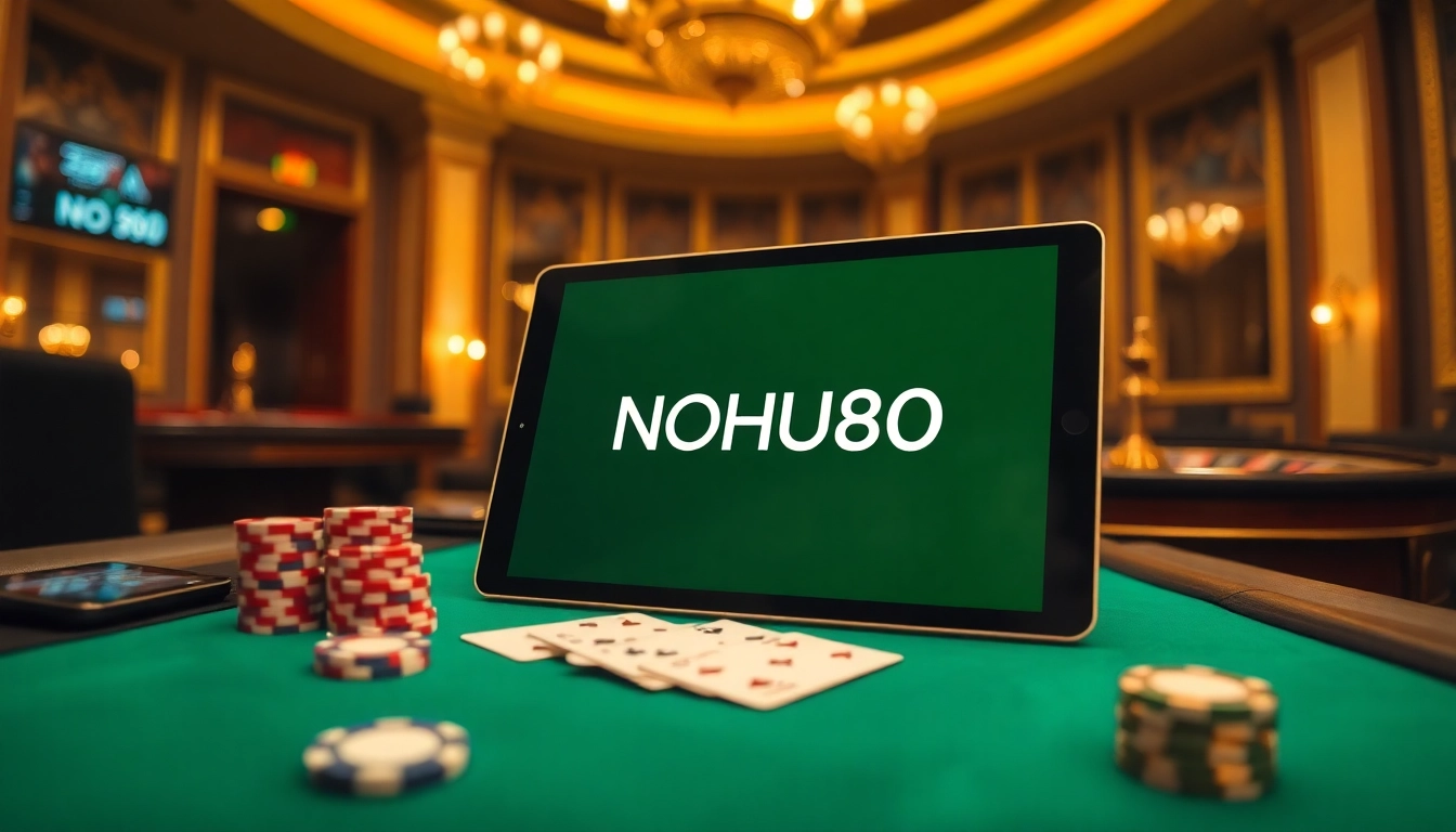 Experience the excitement of NOHU90 with poker chips and a roulette wheel in a luxurious casino setting.