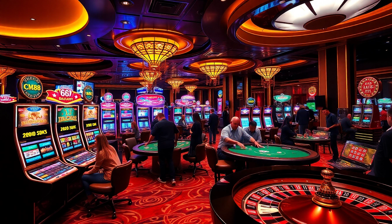 Players enjoying their time at CM88 with vibrant casino tables, slot machines, and roulette wheels.