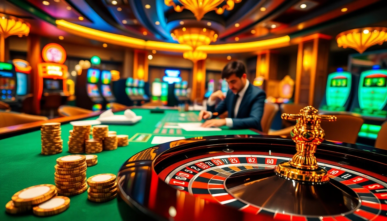 Experience the excitement of TG88 with casino tables, chips, and cards in a luxurious gaming environment.