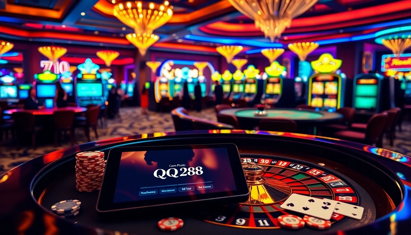 Engaging scene of qq88's luxury casino atmosphere with roulette, cards, and vibrant slots.