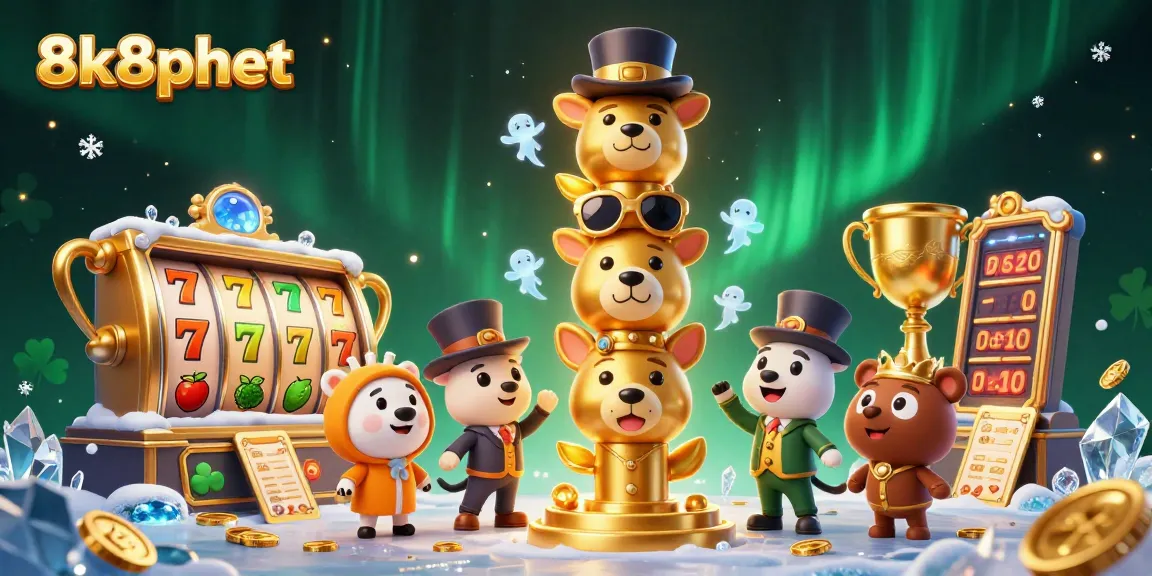 Experience thrilling gaming with 8k8phbet's vibrant 3D casino illustration featuring dynamic slot reels and charming totem.