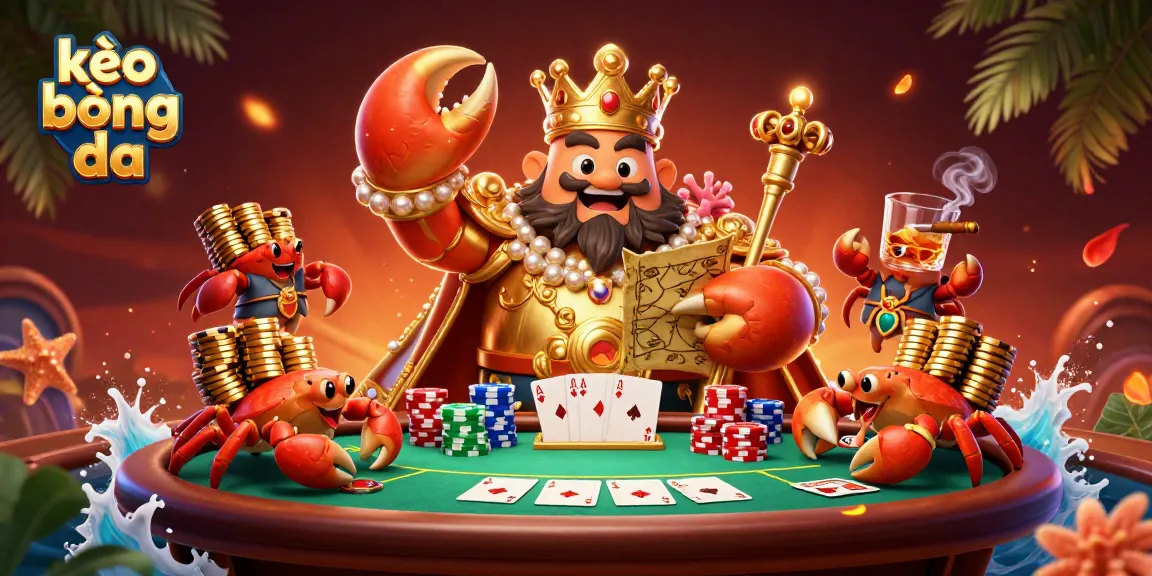 Engage with kèo bóng đá while exploring a dynamic casino scene featuring a golden crab emperor and poker elements.