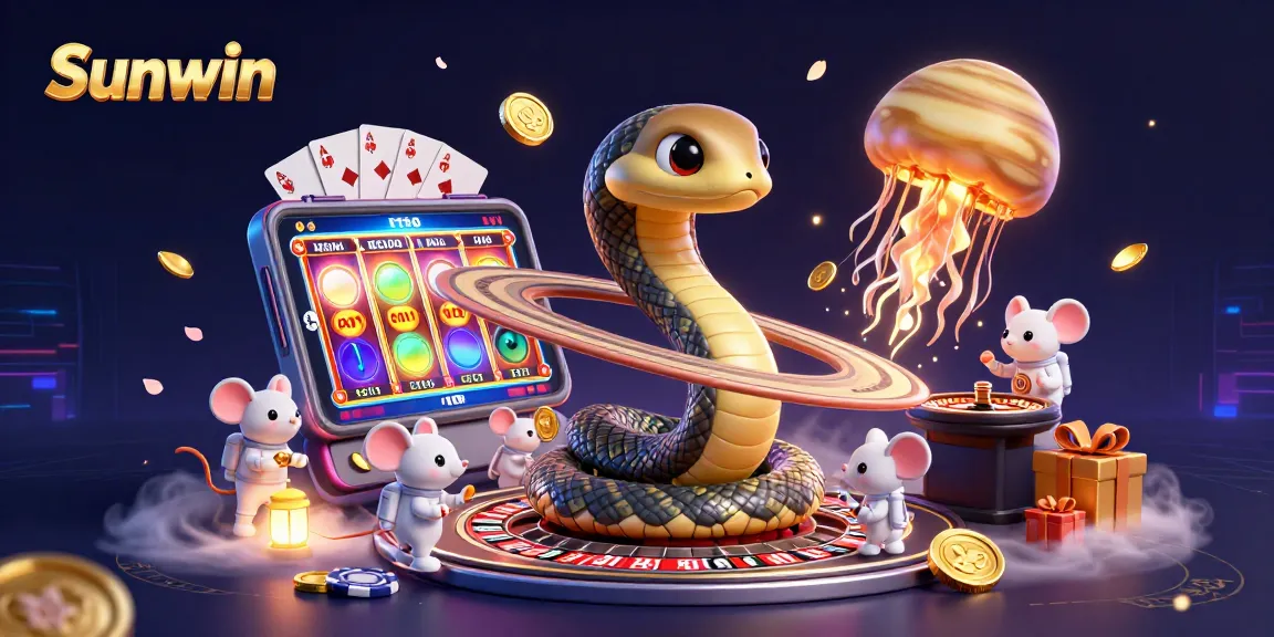 Engage with Sunwin's exciting cosmic gambling scene featuring vibrant casino elements and dynamic characters.