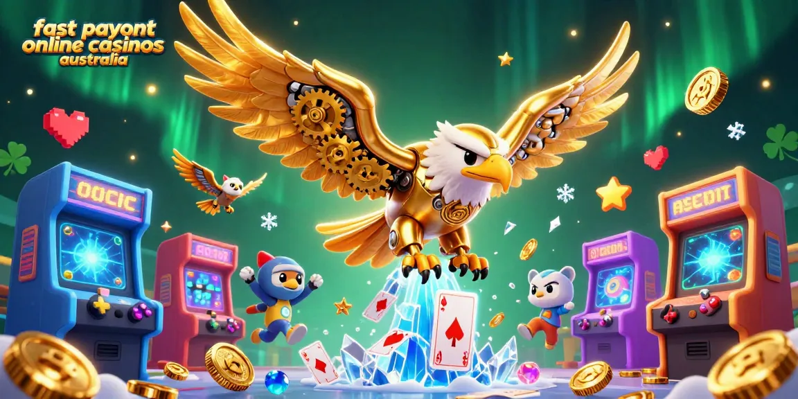 Experience fast payout online casinos australia with a lively, 3D illustration showcasing dynamic casino and gaming elements.