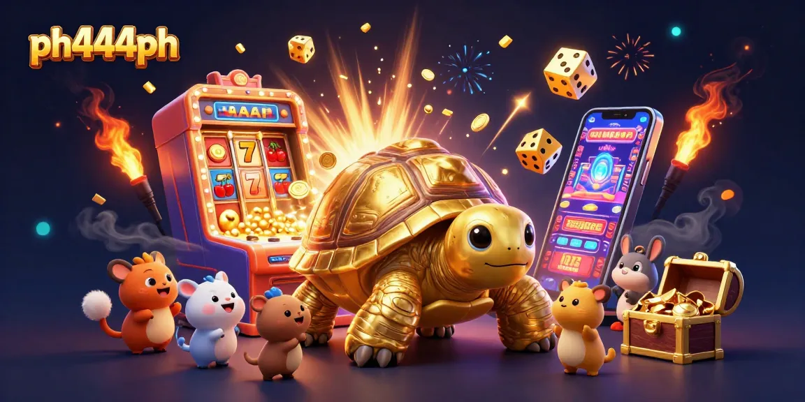 Play thrilling games at ph444ph featuring a vibrant 3D scene with a colossal tortoise and a jackpot explosion.