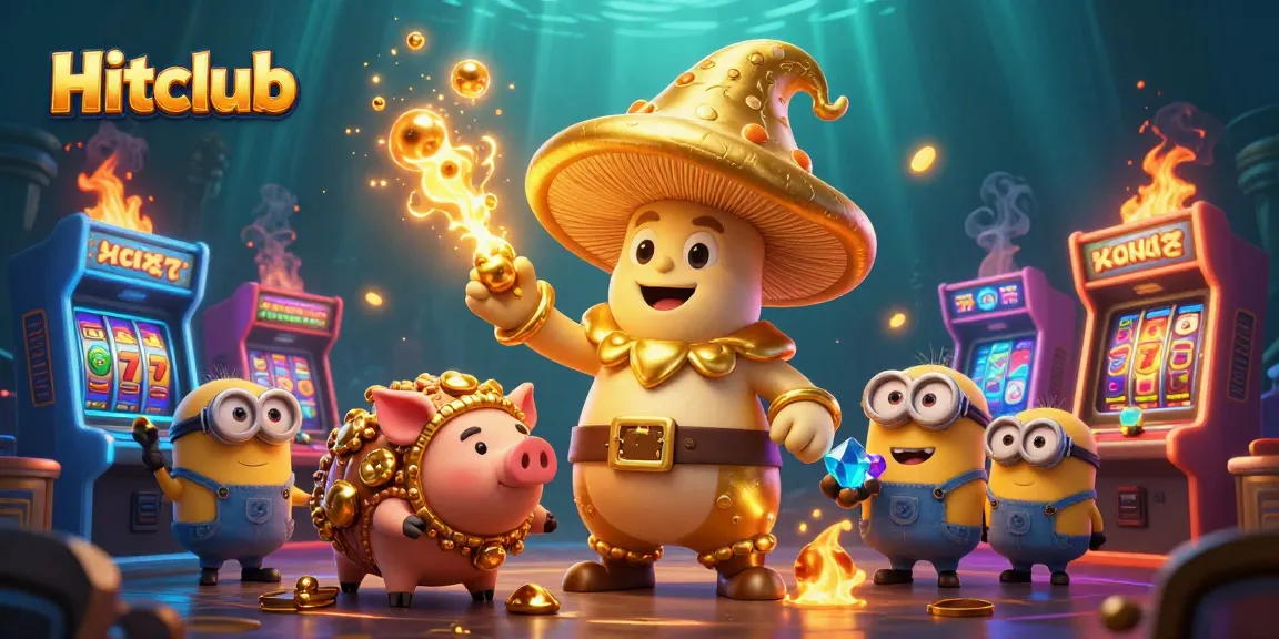 Hitclub captivates with a dynamic scene of a magical mushroom wizard, treasure-seeking pig, and glowing elements.