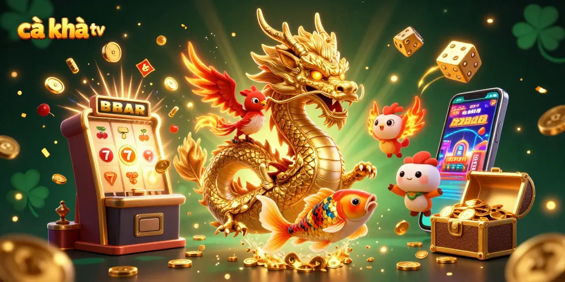 Cà khịa tv showcases a golden dragon with a phoenix and koi fish amid vibrant casino elements, creating a captivating gambling scene.