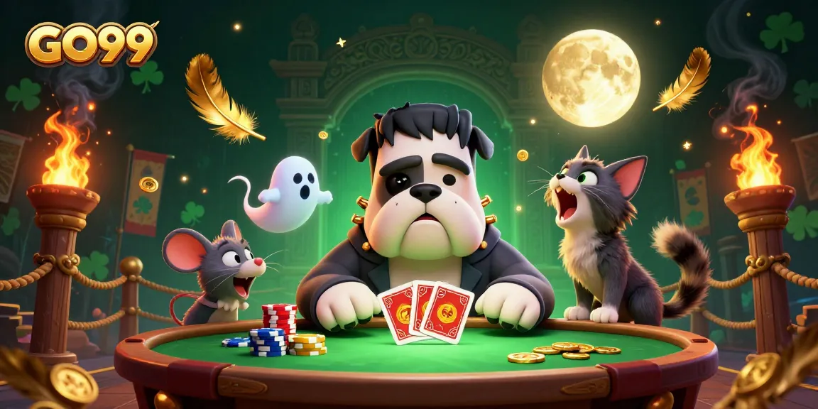 Experience exciting card games with GO99 in a cartoon casino filled with vibrant characters and elements.
