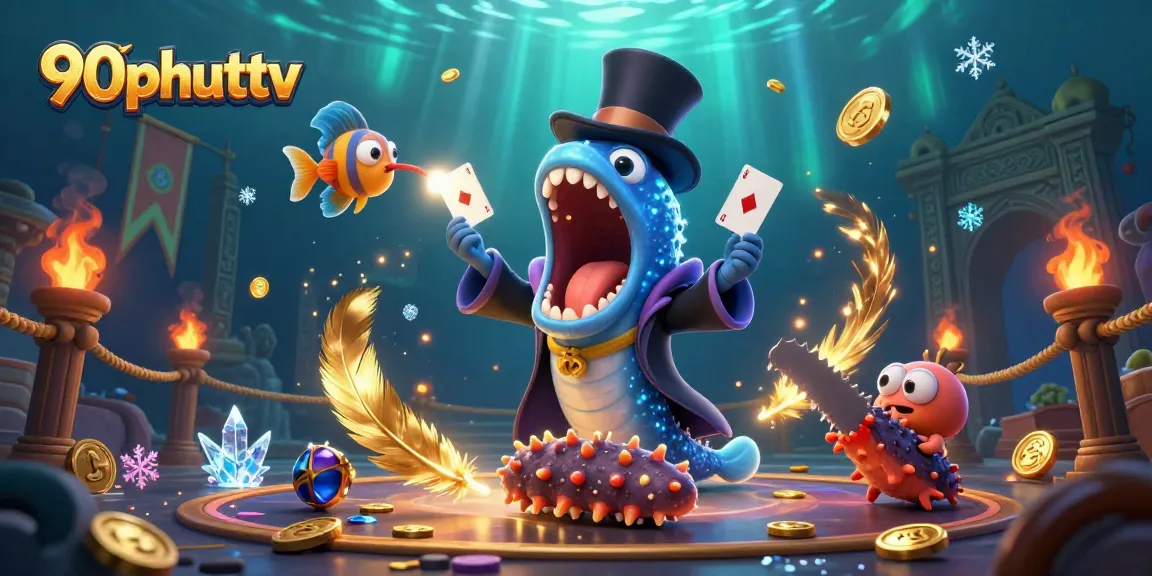Experience thrilling games with 90phuttv's vibrant card tricks and captivating underwater casino theme.