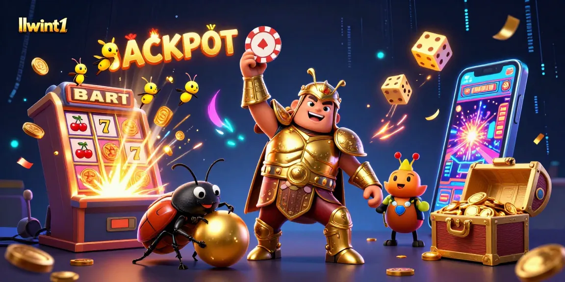 Experience the thrilling llwint1 casino world with a victorious beetle lifting a poker chip amidst festive elements.