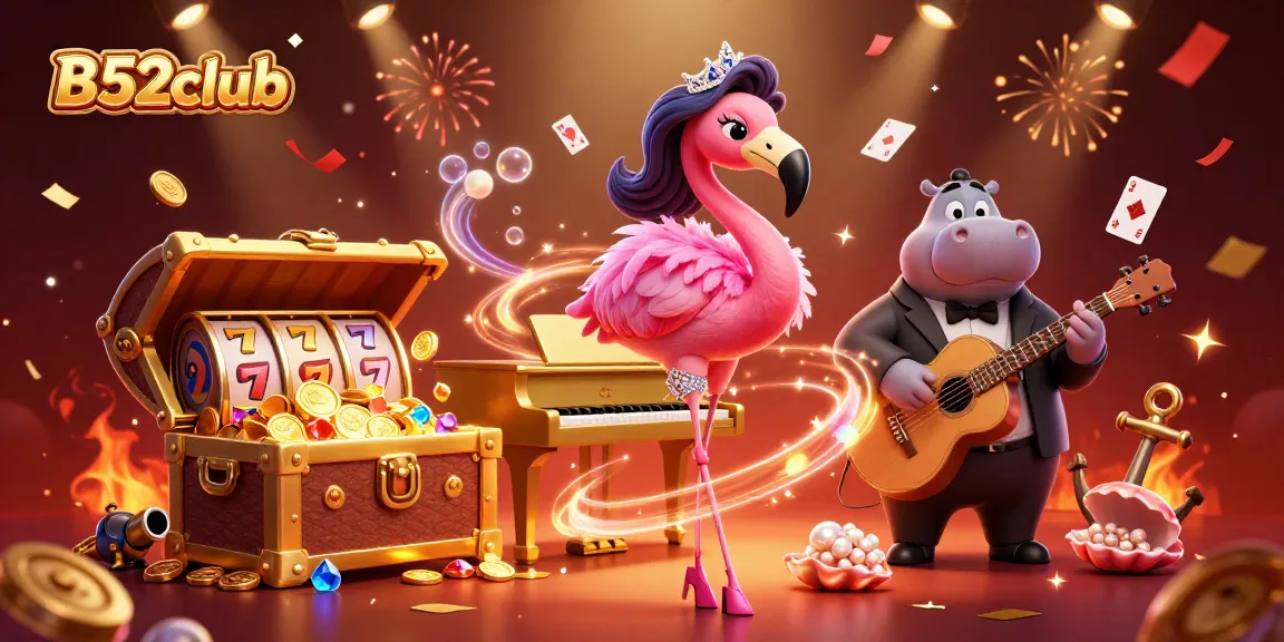 B52club casino lounge with a vibrant flamingo singer and hippo bassist amidst slot reels and gold coins.