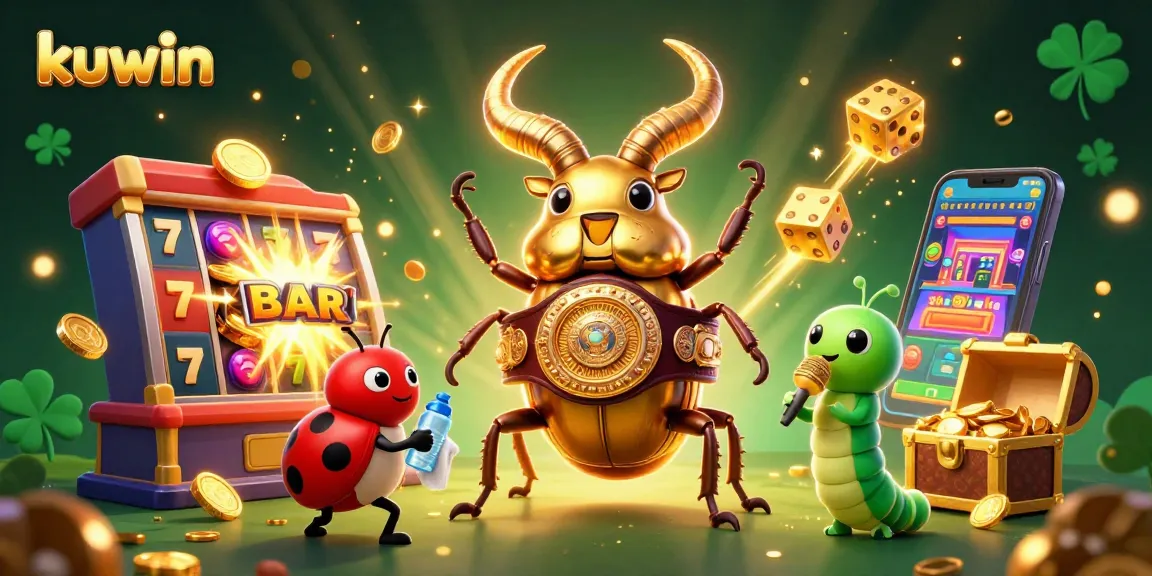 Kuwin showcases an exciting scene with a giant golden stag beetle in a boxing ring surrounded by casino elements.