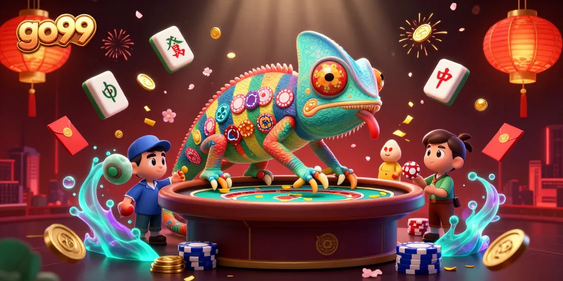 Experience go99 with a vibrant casino scene featuring a chameleon owner and exciting game elements.