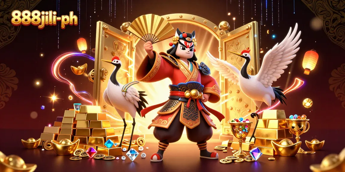 Engage in exciting gaming at 888jili-ph with vibrant visuals of kabuki warrior and treasure vault.