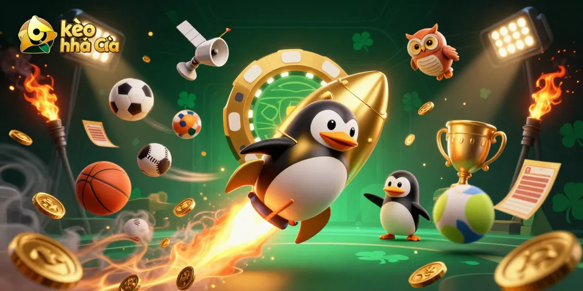Bets soar with kèo nhà cái at a dynamic casino space station, showcasing colorful sports balls and golden rewards.