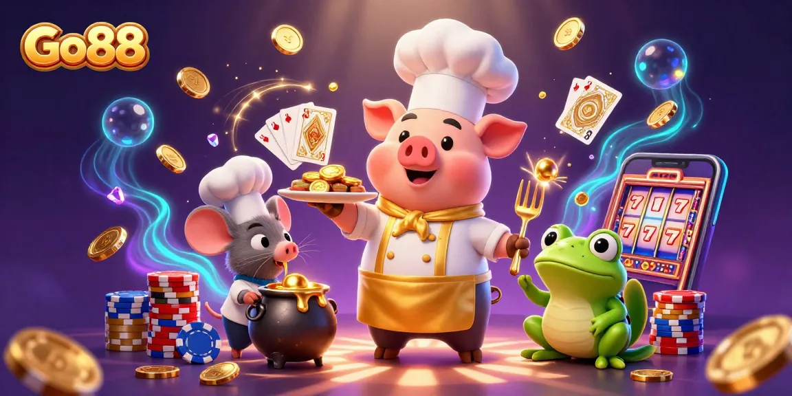Experience the thrill of Go88 with golden coins, games, and an enchanting casino scene.