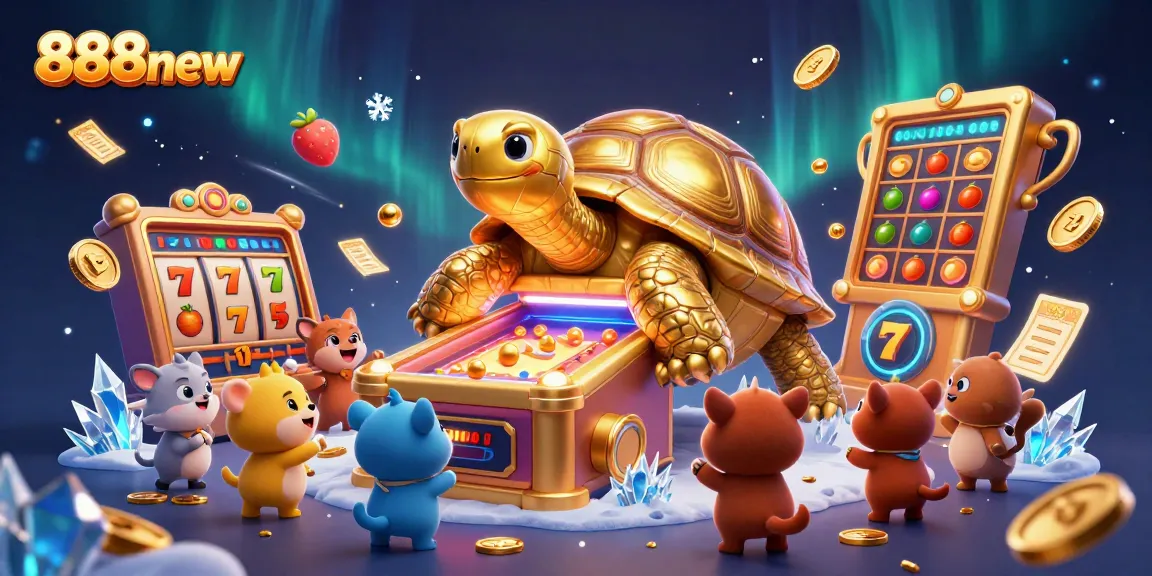 Experience thrilling gameplay at 888new with a colossal tortoise pinball machine amidst vibrant casino elements.