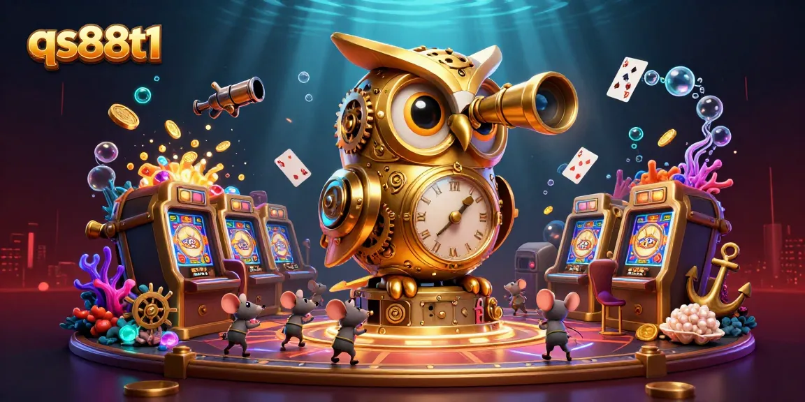 Scan the casino floor with qs88t1's golden owl watching tiny patrons enjoying colorful games.