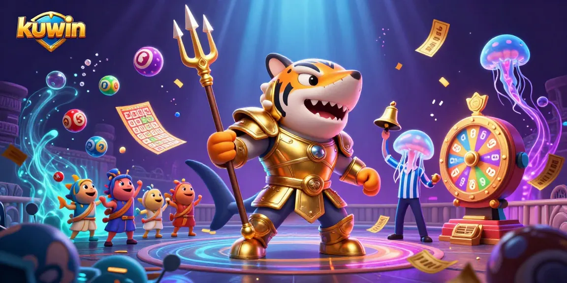 kuwin casino illustration showcasing a triumphant tiger shark winning in an exciting underwater gambling arena