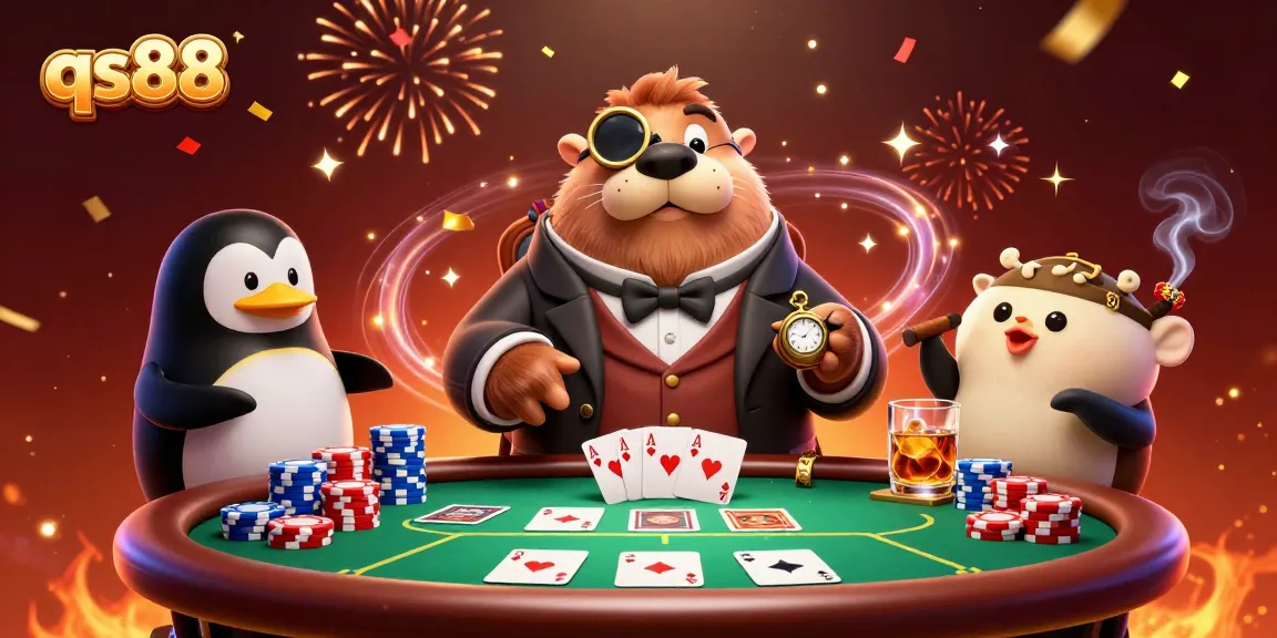 Experience the thrilling poker action at qs88 with a jolly walrus, penguin dealer, and a bluffing pufferfish.