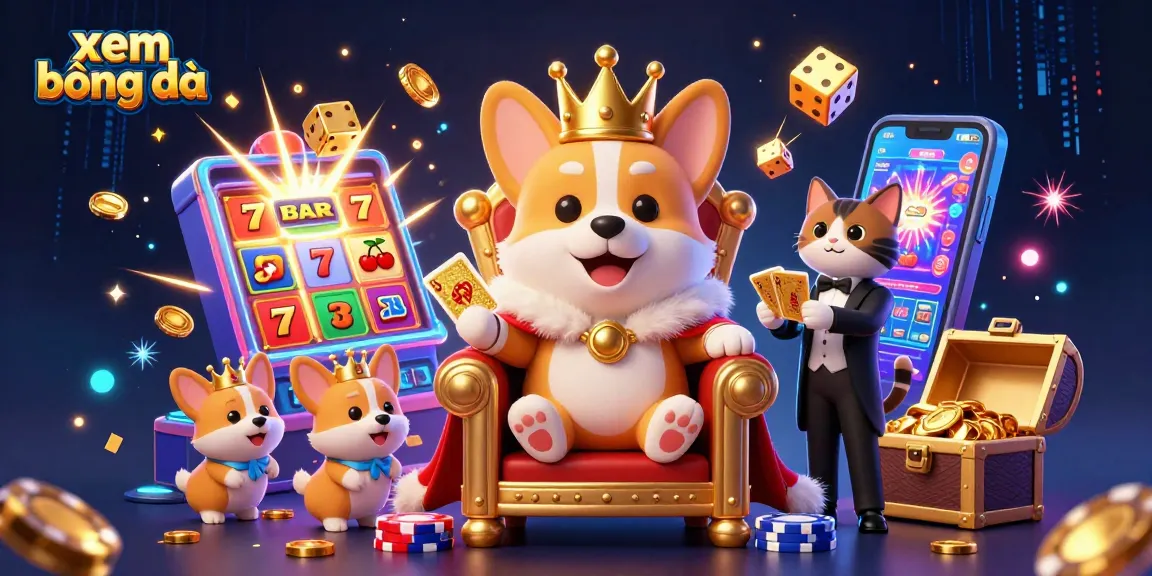 Xem bóng đá as a royal corgi reigns over a vibrant casino scene filled with dynamic games and treasures.